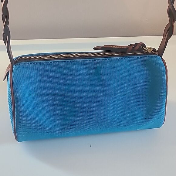 Dooney & Bourke Bright Blue Nylon Brown Leather Trim Small Barrel Shoulder Bag - Picture 5 of 13